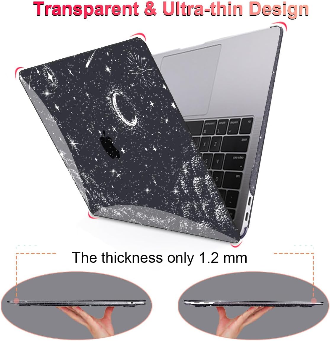 for MacBook Air 13 inch Case 2021 2020 2019 2018 Release M1 A2337 A2179 A1932, Glitter Crystal Black Pritned Pattern Plastic Hard Case Cover for Mac Air 13.3" M1 Touch ID, Stars & Moon