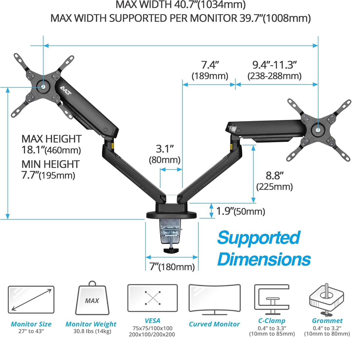 AVLT Dual 27”-43” RGB Gaming Monitor Arm Desk Mount Built-in 20 Lighting Modes Touch Button Control Fits Flat/Curved/Ultrawide Screen Height Swivel Tilt Rotation Adjustable Stand -Black
