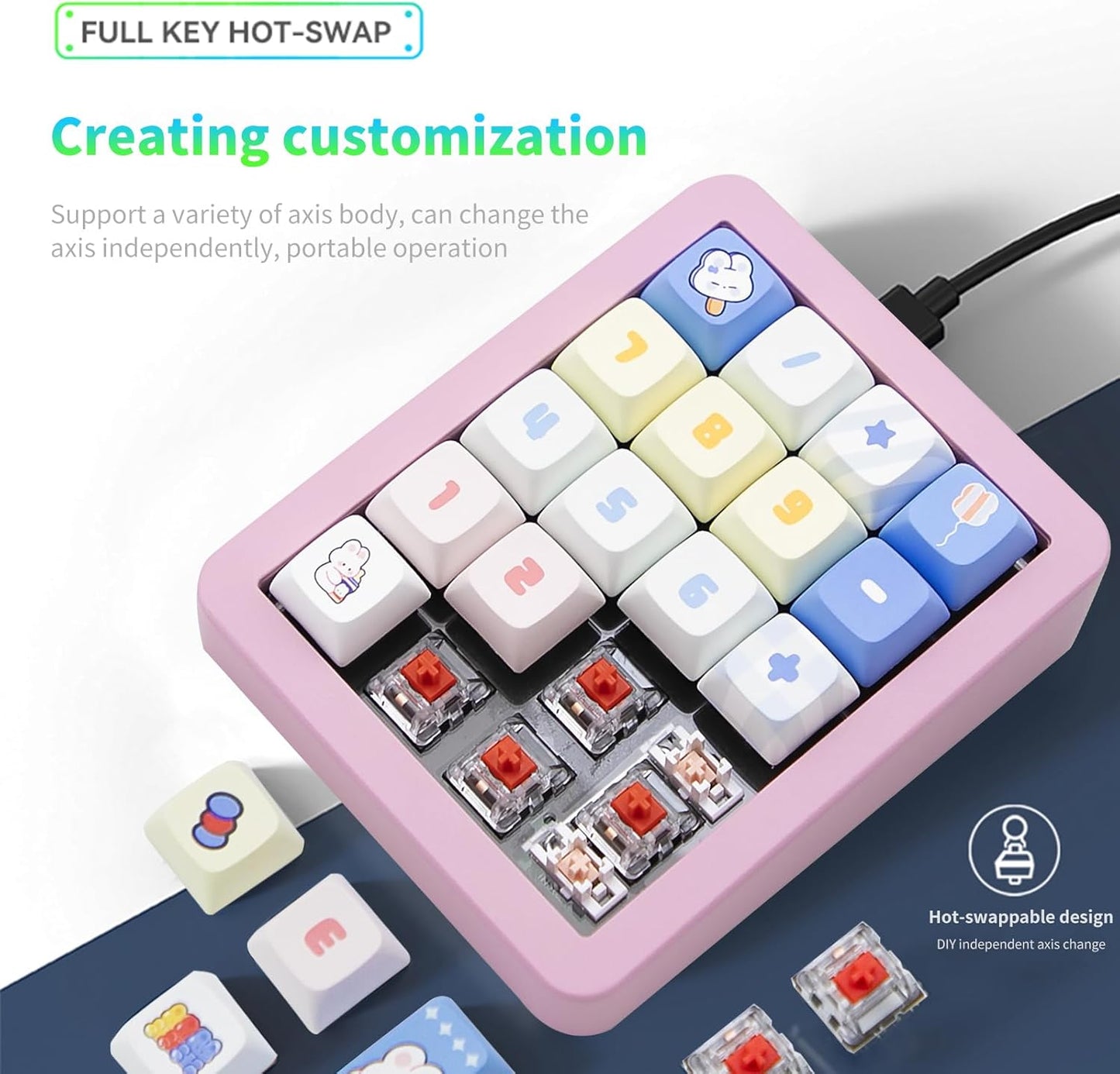 Adventurers K812 Wired Mechanical Numeric Keypad, 19-Key Hot-Swappable RGB Numpad, Macro Programmable, Detachable Type-C Cable, Game/Office Mode Switch – for PC/Laptop/Desktop (Pink)