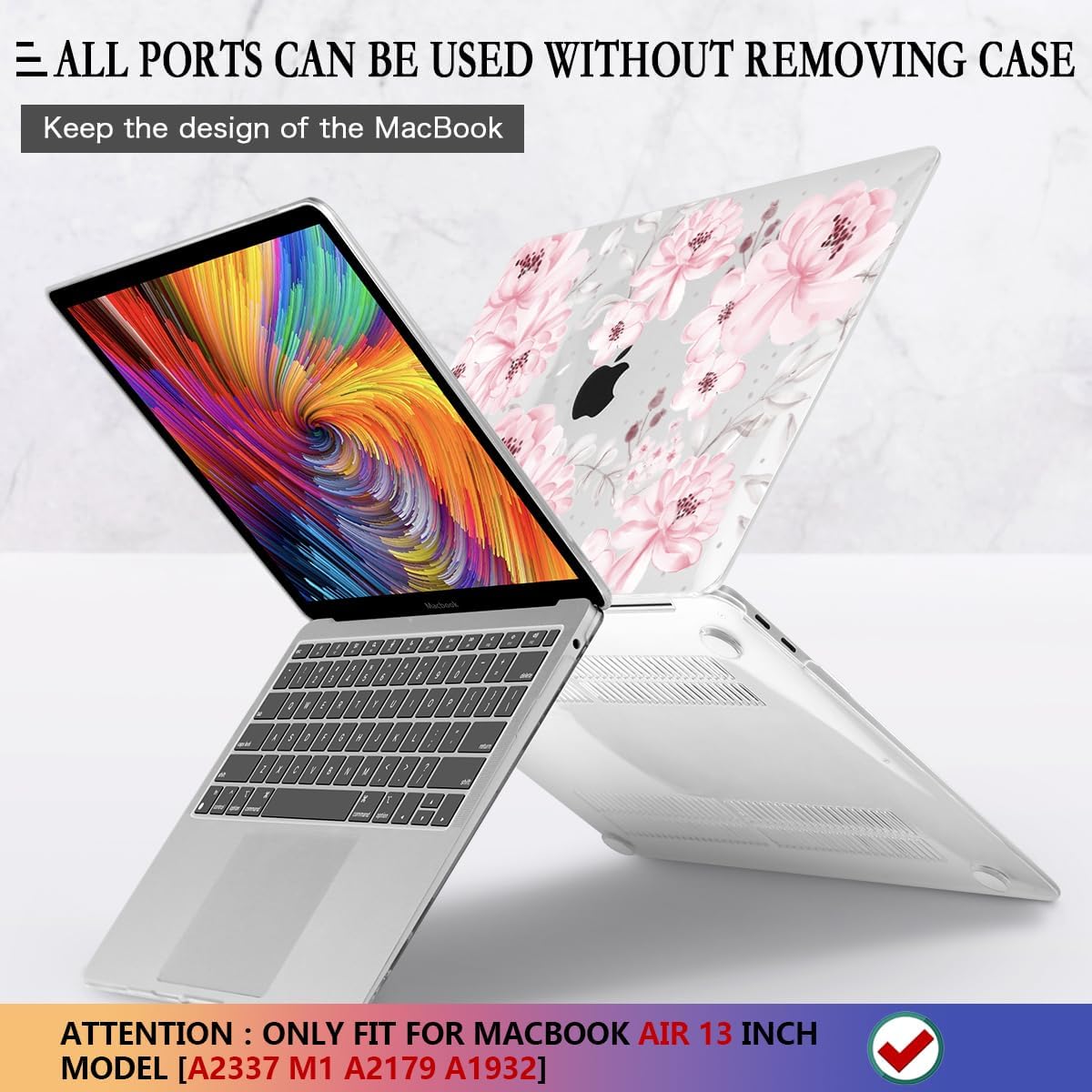 CISSOOK Compatible with MacBook Air 13 inch Case M1 Chip 2021 2020-2028 Release A2337 A2179 A1932 Model with Touch ID, Plastic Hard Shell Case & Keyboard Cover & Screen Protector, Cute Pink Flower