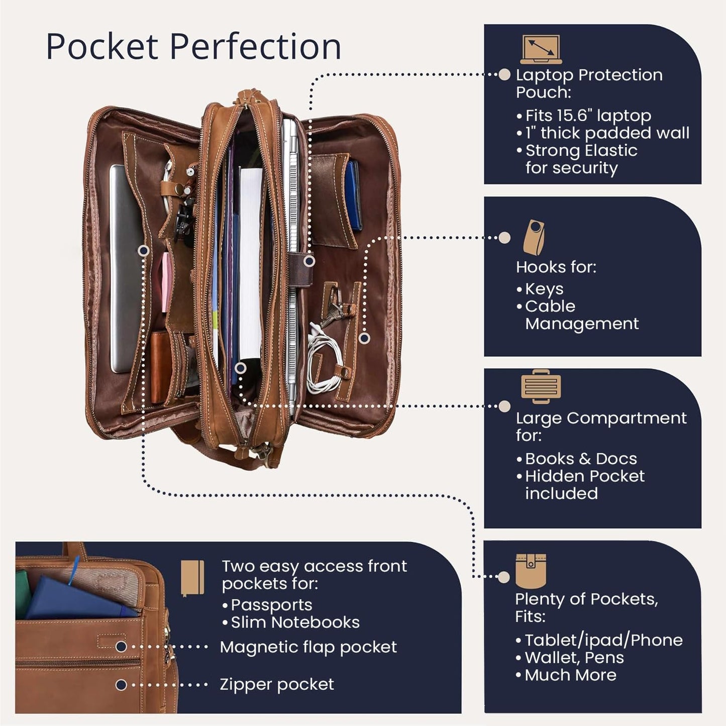 Luxorro Full Grain Leather Briefcase for Men, Light Brown, 17"(W) x 13"(H) x 5"(D), Fits 15.6 Inch Laptop