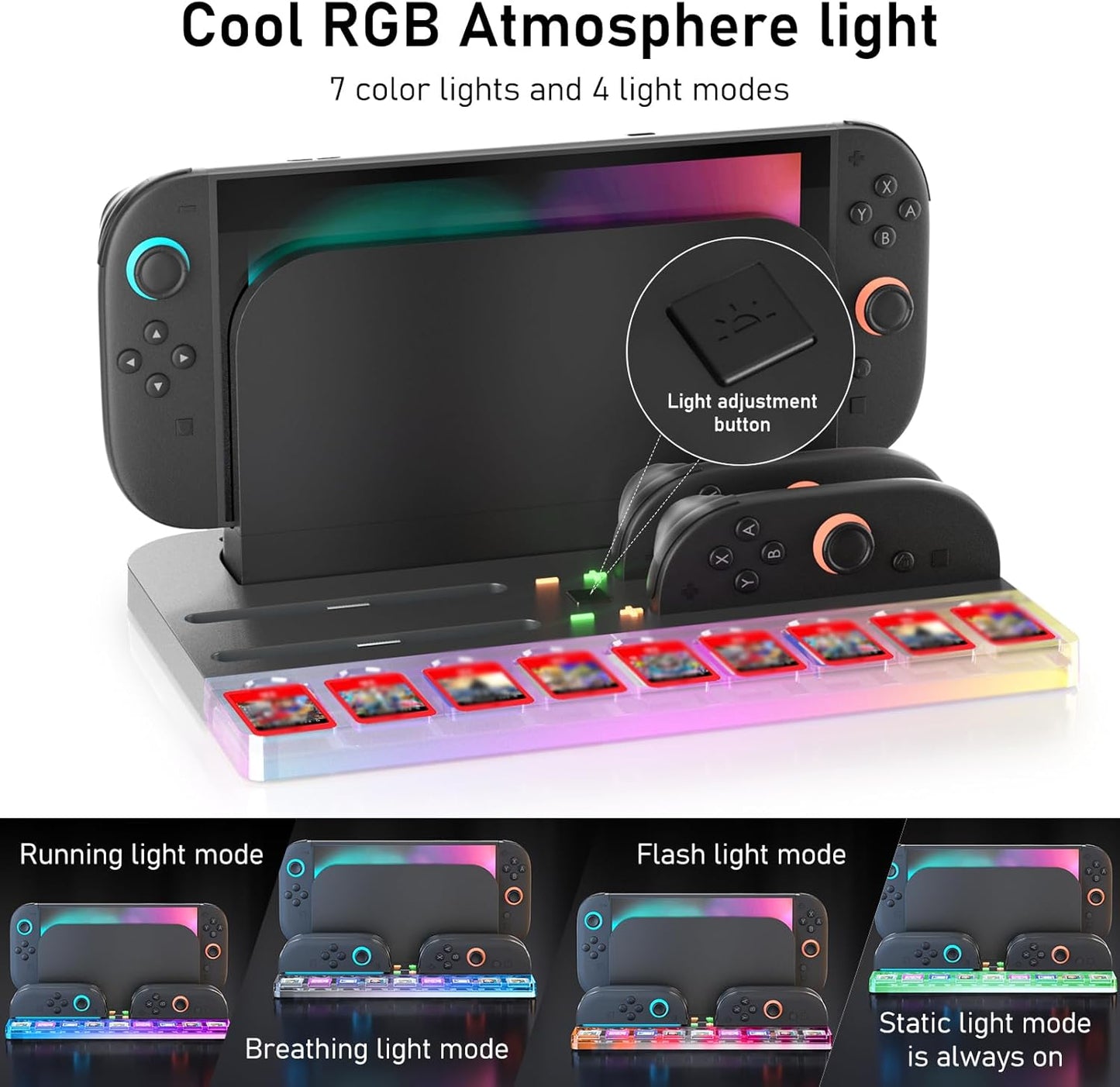 Charger Dock Station for Nintendo Switch 2 Joycon, Switch 2 Charging Dock with RGB Light Mode, Portable Charging Station with 9 Game Slots