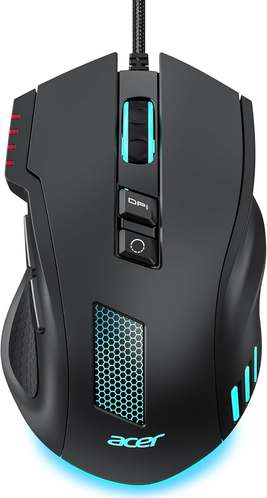 acer Wired Gaming Mouse, 12,800 DPI RGB Ergonomic Computer Mouse with Optical Sensor, 8 Programmable Buttons, 12 Backlit Modes, Software for DIY Keybinds, Rapid Fire, USB Gaming Mice for Laptop, PC