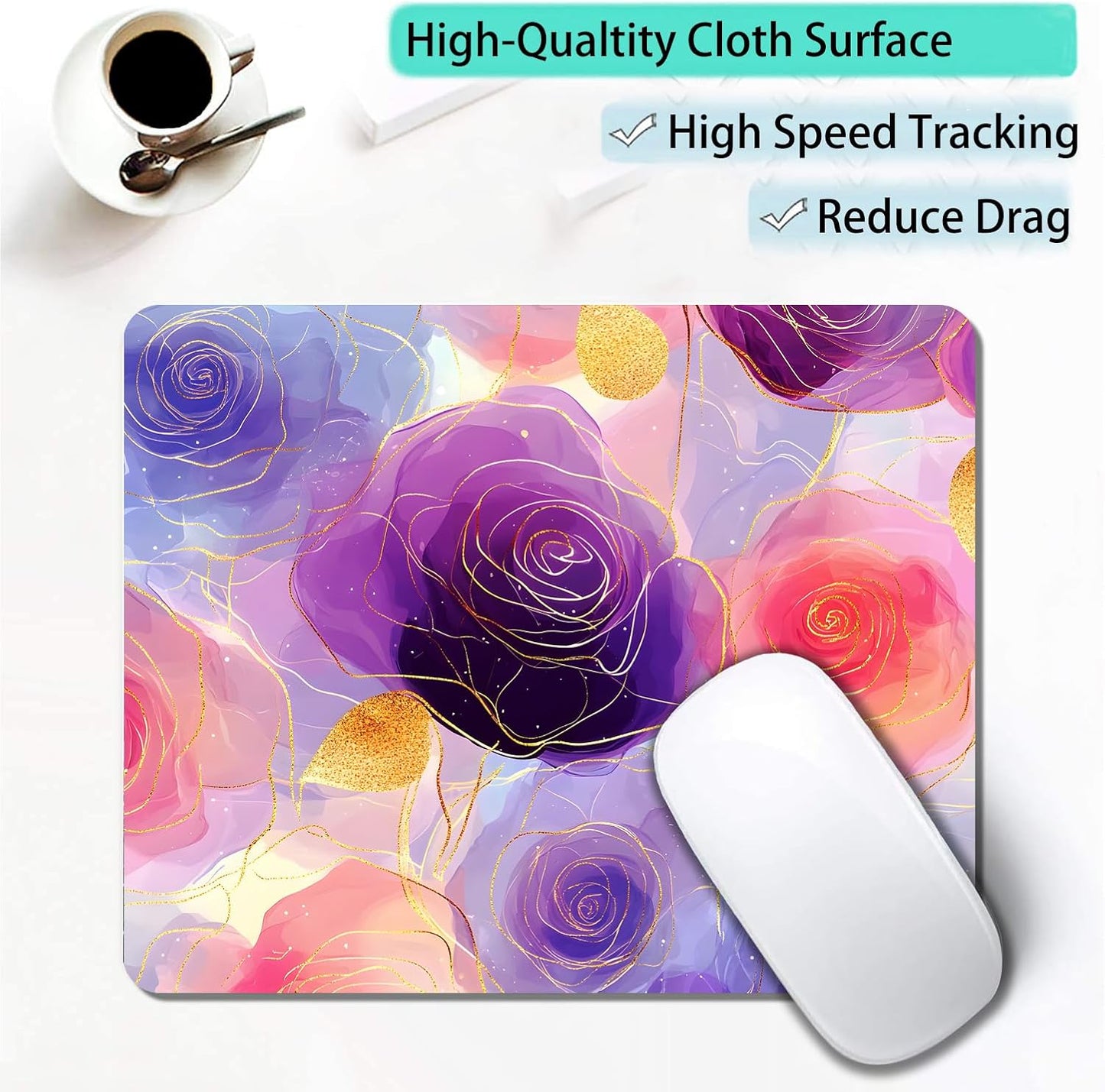 Aesthetic Gold Texture Rose Flower Custom Mouse Pad with Non-Slip Rubber, Small Square Design for Wireless Laptop & Computer Mouse Pads for Desk, 9.5 x 7.9 inch Smooth Surface for Gaming & Office