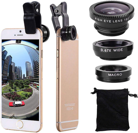 3 in 1 Cell Phone Camera Lens Kit Wide Angle Macro Fisheye Lens for iPad iPhone Samsung Android and Most Smartphones