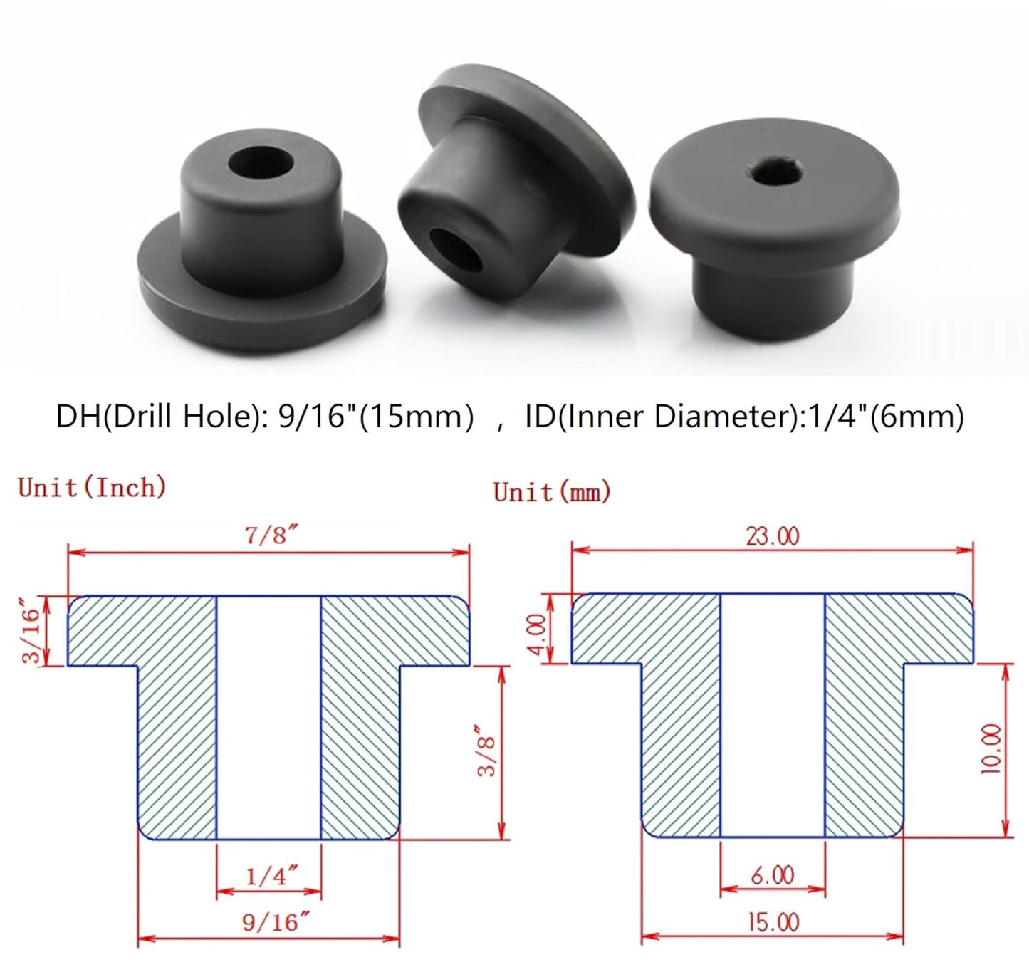 15 pcs 9/16" Drill Hole，1/4" ID Black Silicone Top hat Rubber Grommets for Wiring，Automotive，Firewall，Hole Plug，Desk，Screw，Water and Gas Pipe，Drain，House Siding，Cable Bushing，Glass，Wire Plug