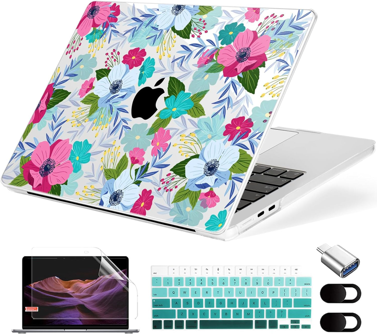 Compatible with MacBook Air 13.6 inch Case, M4 A3240/M3 A3113/M2 A2681 (Released 2025 to 2022), Hard Shell, Keyboard Cover, Screen Protector, Webcam Cover & Type-C Adapter, Colored Flowers