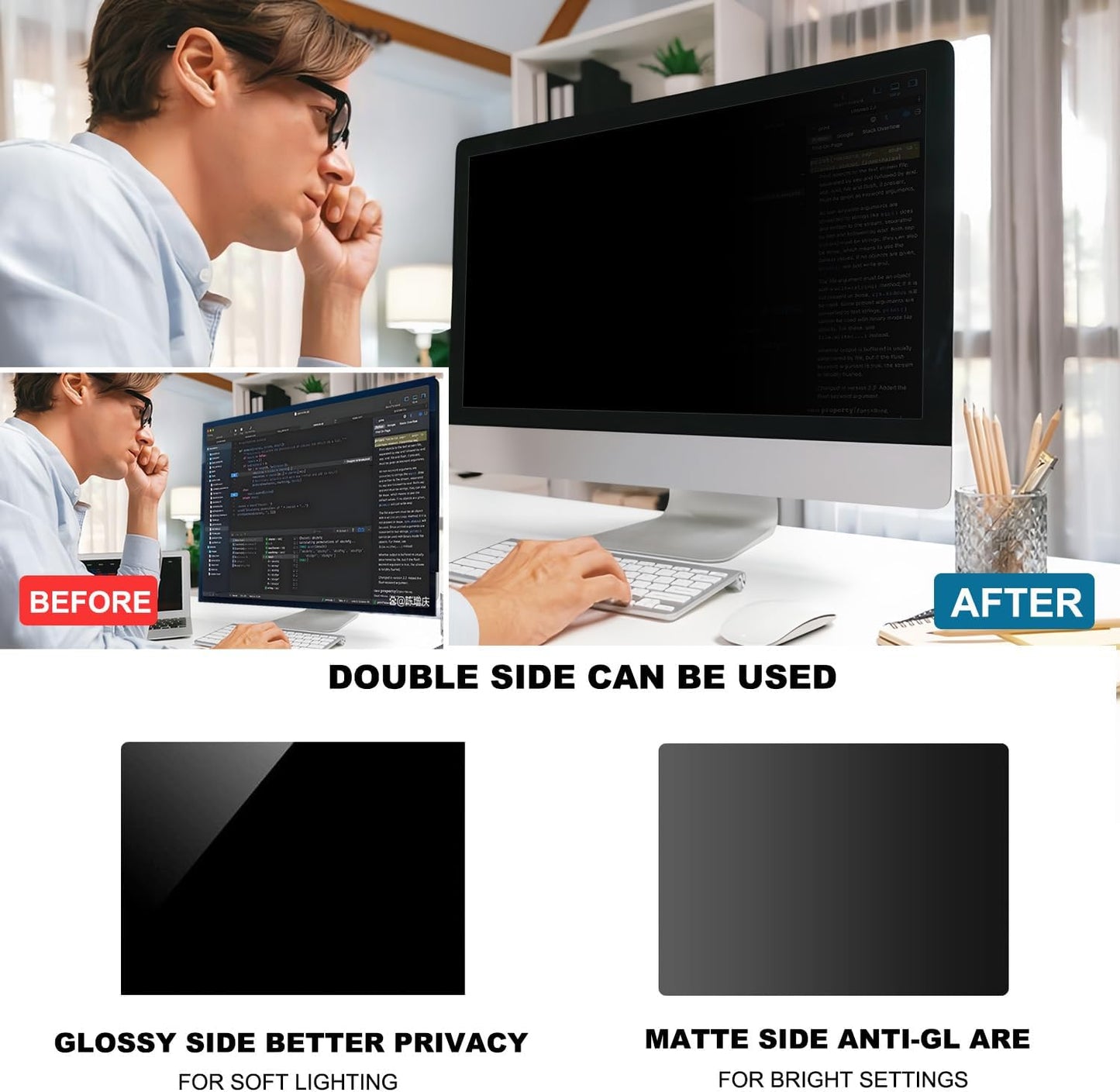 32 Inch Computer Privacy Screen Shield [2 Pack] for 16:9 Widescreen Desktop Monitor - Anti-Glare Blue Light Privacy Filter and Anti Spy Privacy Screen Protector Film