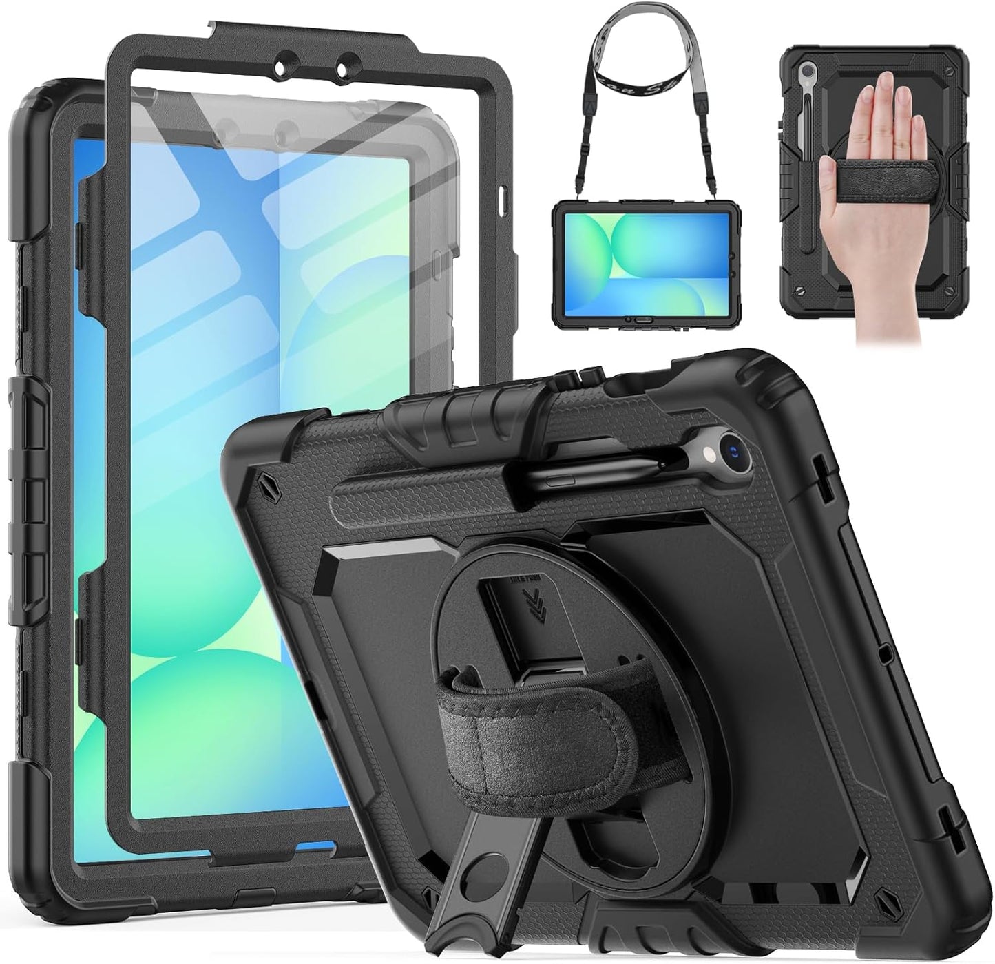 HXCASEAC Case for Galaxy Tab S10 FE / S9 FE 5G 10.9 inch, Shockproof Design with Screen Protector, 360° Hand Strap Stand, S Pen Holder, Heavy Duty Protective Samsung S9 FE / S10 FE Tablet Case, Black