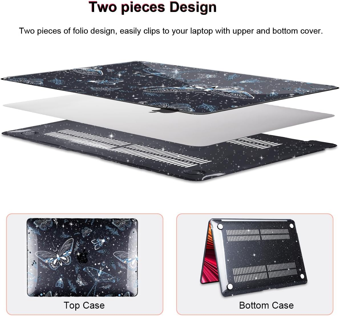 for MacBook Air 13 inch Case 2021 2020 2019 2018 Release M1 A2337 A2179 A1932, Glitter Black Pritned Pattern Hard Case Cover for Mac Air 13 M1 Retina Display with Touch ID, Butterfly Sky