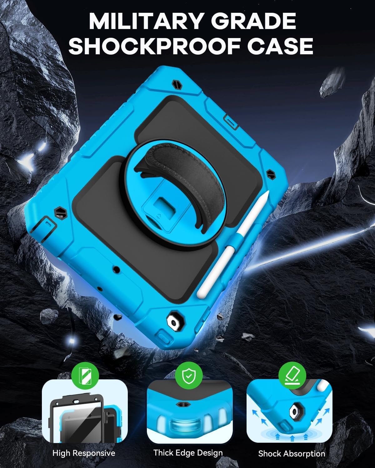 Cantis Case for iPad 9th/8th/7th Generation with Screen Protector, iPad 10.2 Case 2021/2020/2019 with 360 Degree Rotating Stand/Shoulder Strap/Pencil Holder, Blue