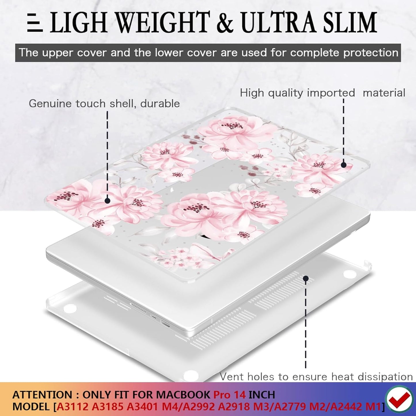 CISSOOK Compatible with MacBook Pro 14 inch 2024 2023 2022 2021 Release M4 M3 M2 M1 Chip A3112 A3185 A3401 A2918 A2992 A2779 A2442 Model, Hard Shell Case with Keyboard Cover&Screen Protector, Pink Bow
