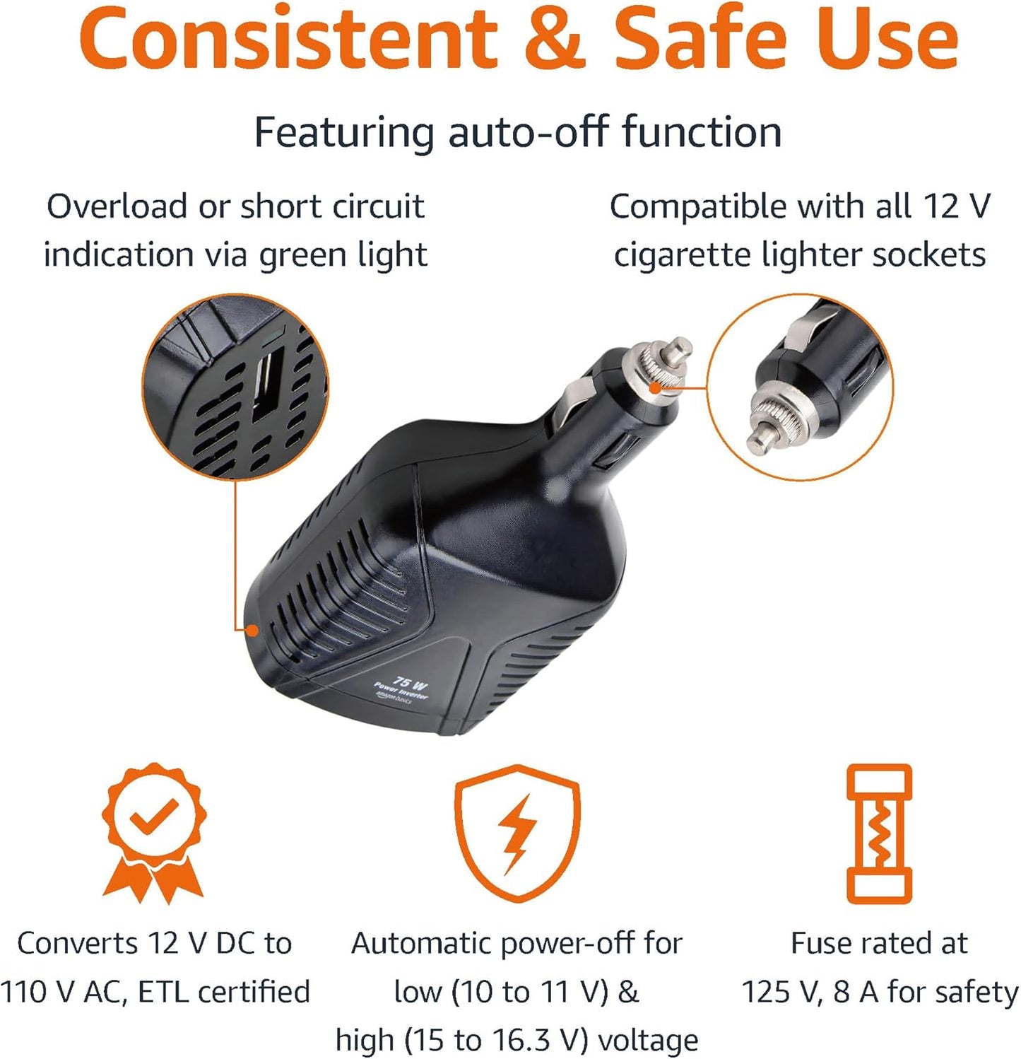 Amazon Basics 75W Car Power Inverter 12V to 110V for Vehicles, Black, 5.07 x 2.65 x 1.6 inches