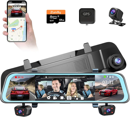 4 Channel Mirror Dash Cam, Dash Cam Front and Rear/Inside, 12’’ FHD 1080Px4 Rear View Mirror Camera, IR Night Vision for Left and Right Inside Car Camera, Built-in WiFi, GPS, Parking Monitor