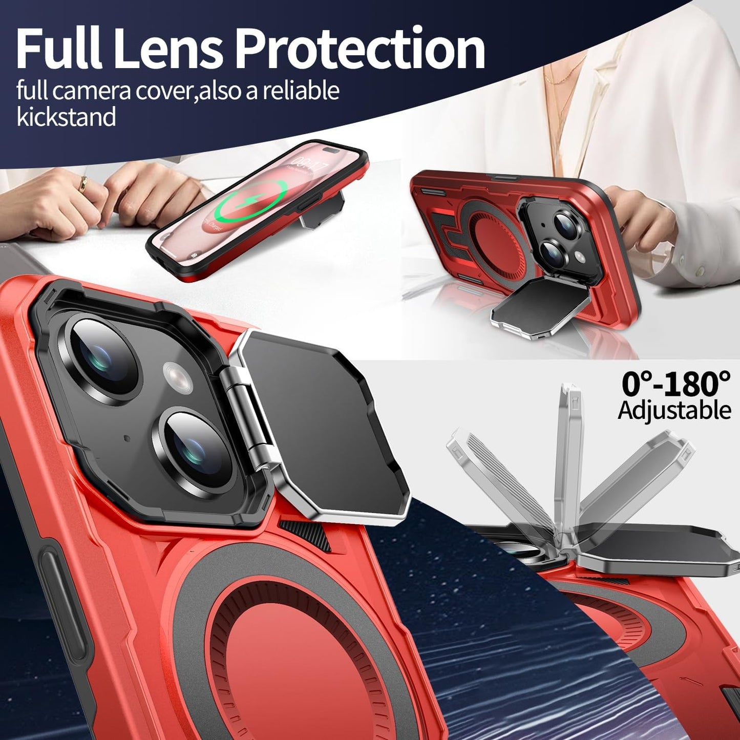 Camera Stand Case for iPhone 15, [Compatible with MagSafe] [Lens Cover] 2024 Version Military Grade Protective Soft Case for iPhone 15 6.1 inch Men Women, Red