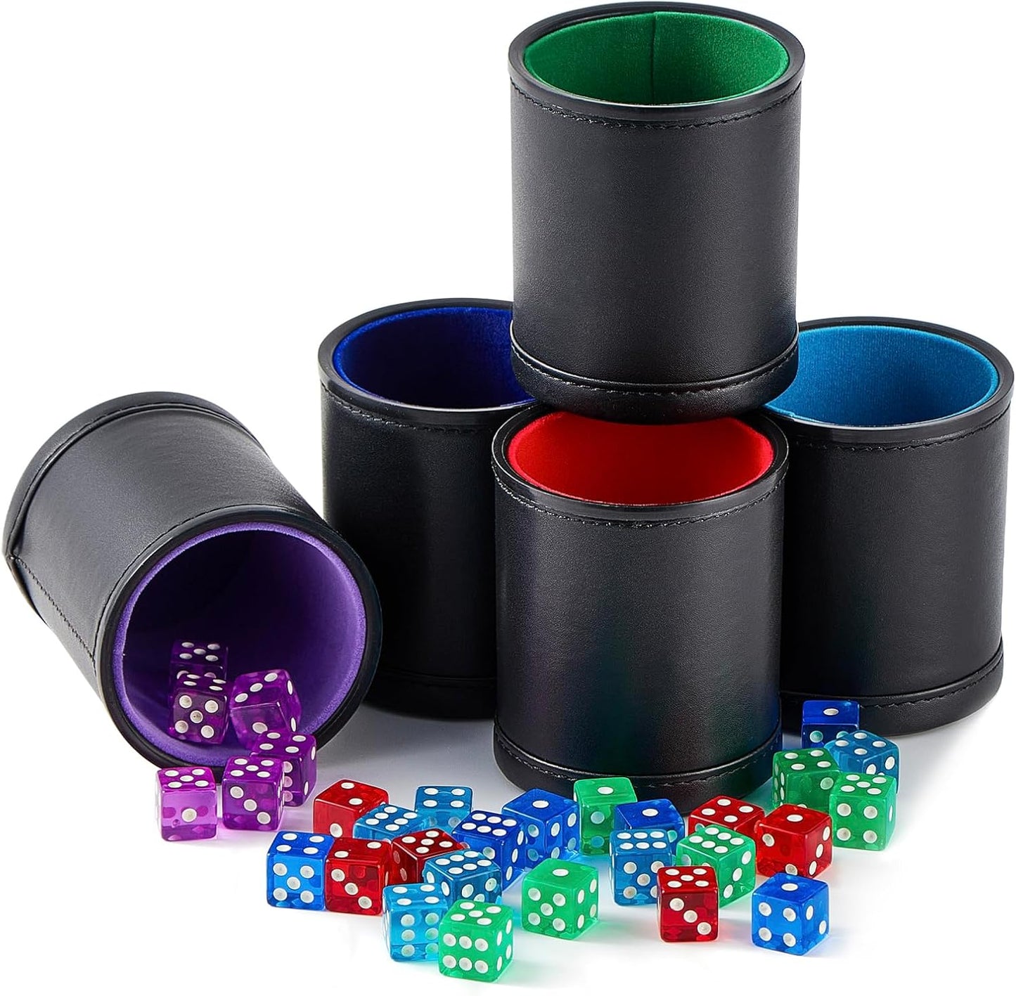 5 Pack Black Leather Dice Cups with Colorful Velvet Felt-Lined Interior and 30 Matching Colorful Transparent Dices