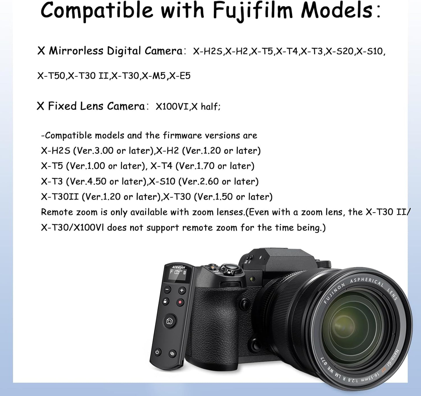for Fuji Camera Rechargeable Shutter Release, AODELAN Wireless Remote Control Compatible with Fujifilm X-T30 II,X-S10,X-H2,X-H2S,X-T3,X-T4,X-T5,X-S20,X-T30,X-T50,X-M5,X100VI,X-E5,X Half