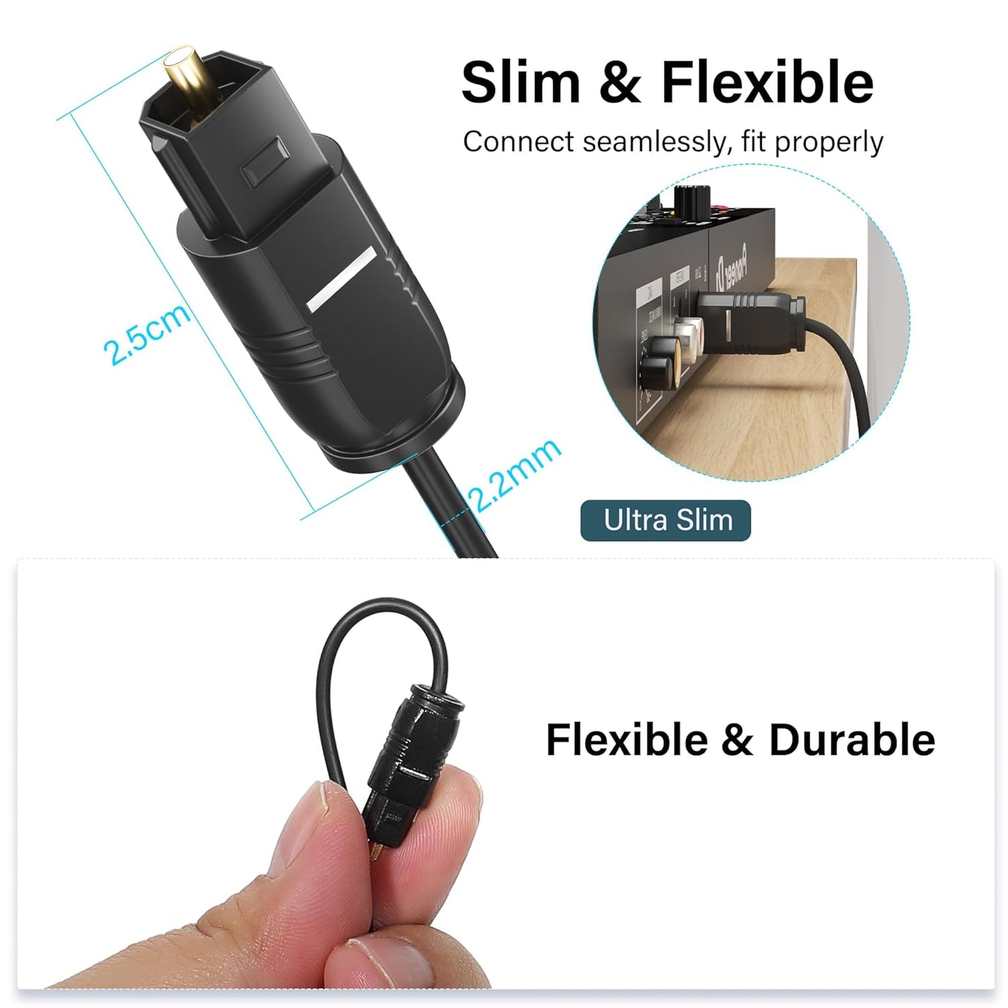 Adoreen Ultra-Thin Slim Digital Optical Audio Cable 20FT, Fiber Optic SPDIF Toslink Cord Gold-Plated High-Speed Flexible & Durable for TV Soundbar Home Theater Game Console PS4 Xbox Samsung +Ties