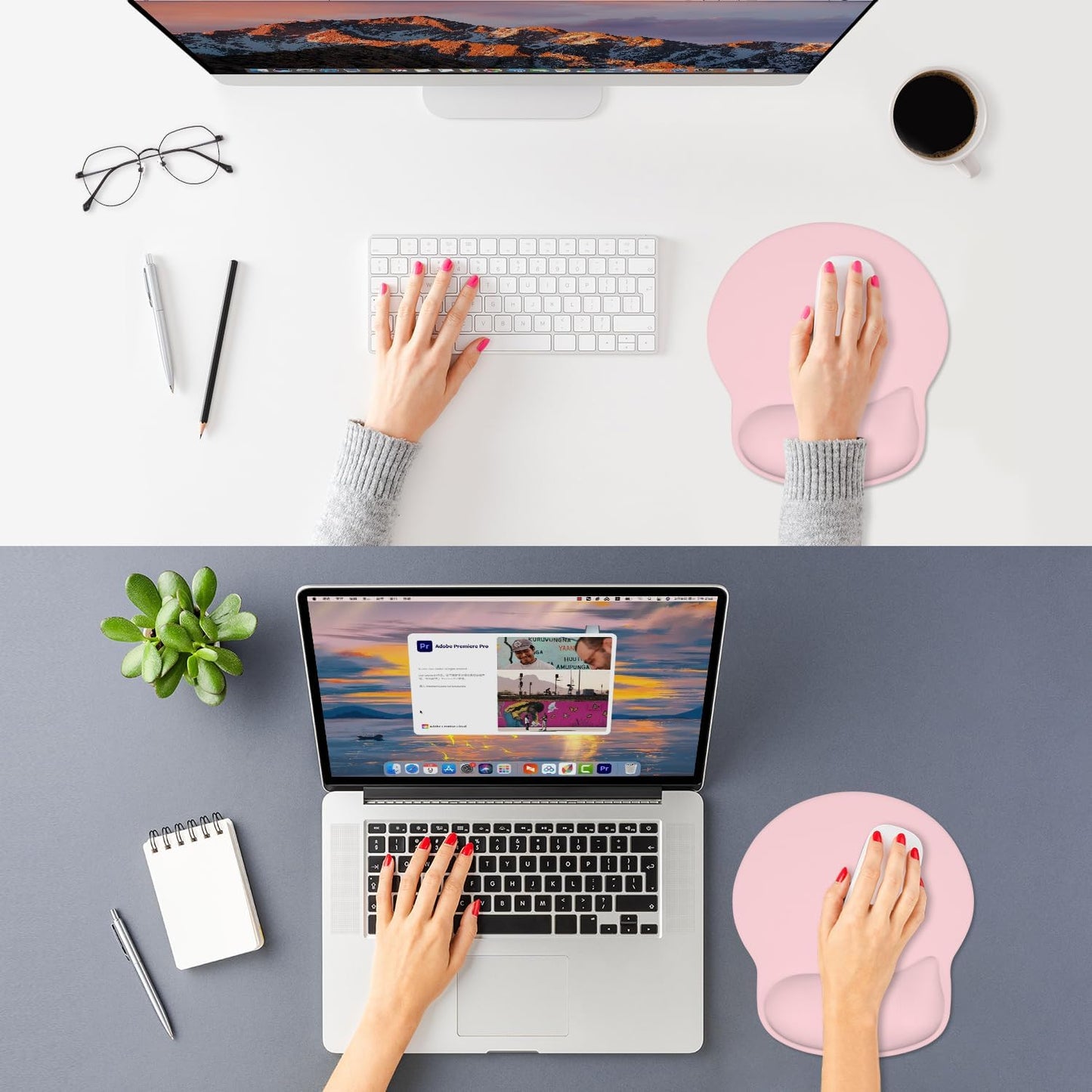 ITNRSIIET Ergonomic Mouse Pad with Wider Memory Foam Wrist Rest +17%, Curved Cushion Reduces Pressure 20%, Pain Relief, Non-Slip, Smooth, Cute Color Desk Accessory, 9.85 x 9 inch, Blush Pink