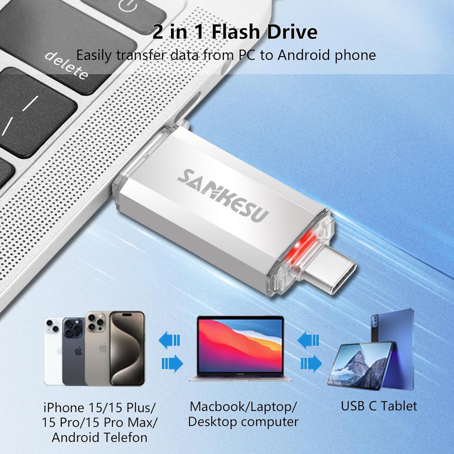 3.0 USB C Flash Drive, USB-A & Type-C OTG Thumb Stick, Dual Memory Sticks Compatible with PC/Laptop/Type C Cell Phone and Tablet (Silver/Blue, 128GB)