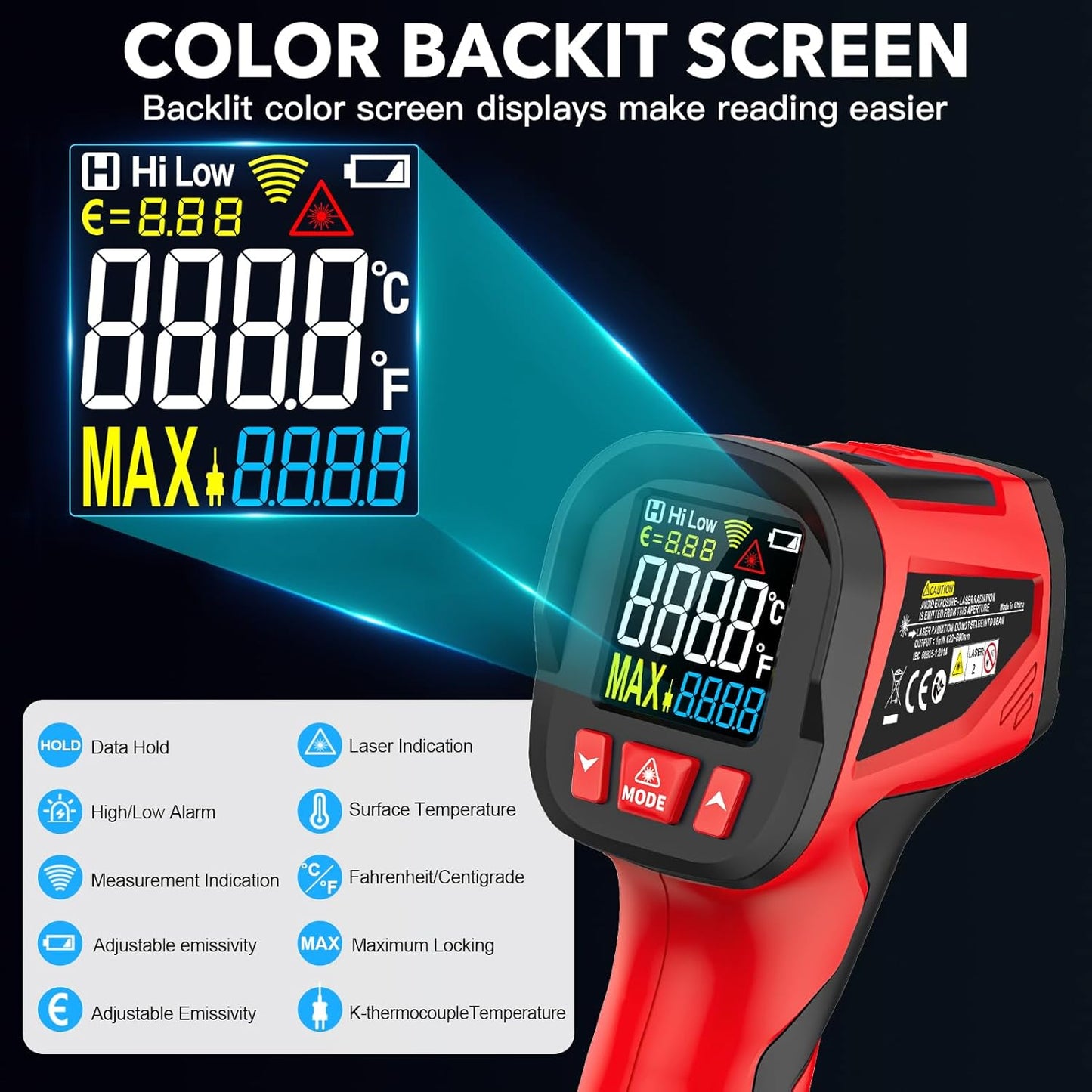 Infrared Thermometer Gun - TEMIRUP Non-Contact Digital Laser Temperature Gun with Color LCD Display for Cooking, Griddle, Engine, HVAC, IR Temp Gun with Adjustable Emissivity,-40℉~1202℉(-40℃~650℃)