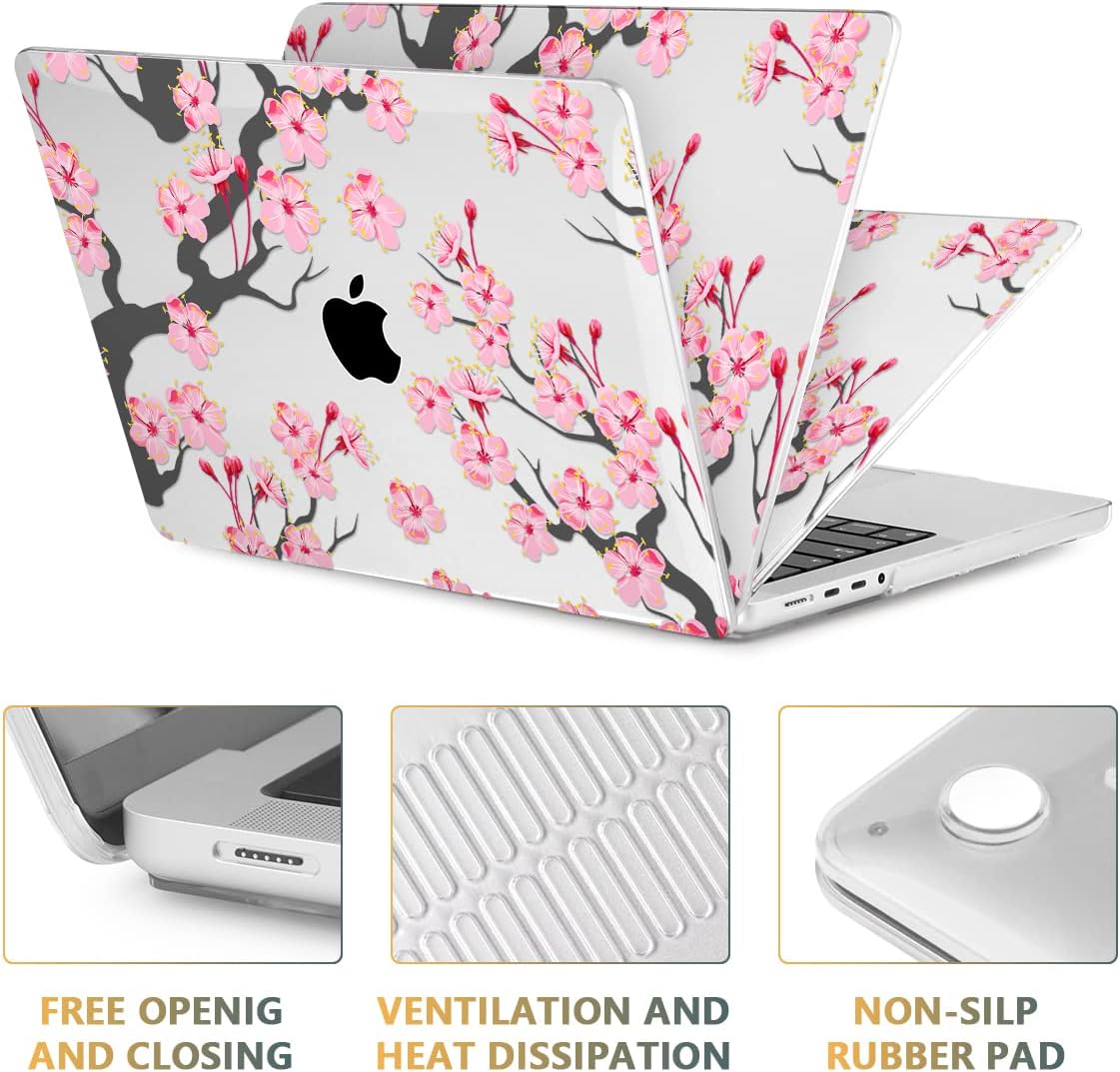CISSOOK Cherry Blossoms Hard Shell Case for MacBook Pro 14 inch M4 A3112 A3185 A3401 M3 A2992 A2918 M2 A2779 M1 A2442 2021-2024, Cherry Floral Cover with Keyboard Cover for 2021 2024 M1-M4 Pro 14.2”