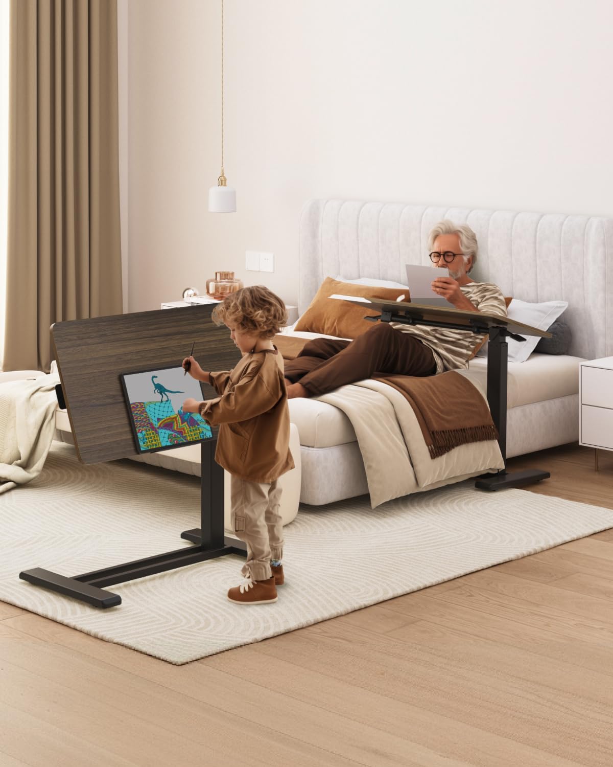 FLEXISPOT H7 PRO Mobile Standing Desk Adjustable Overbed Table Pneumatic with Wheels 90°Tiltable Portable Laptop Desk Rolling Computer Cart Foldable Bedside Table(27.6" W x 15.7" D, Rustic Brown)