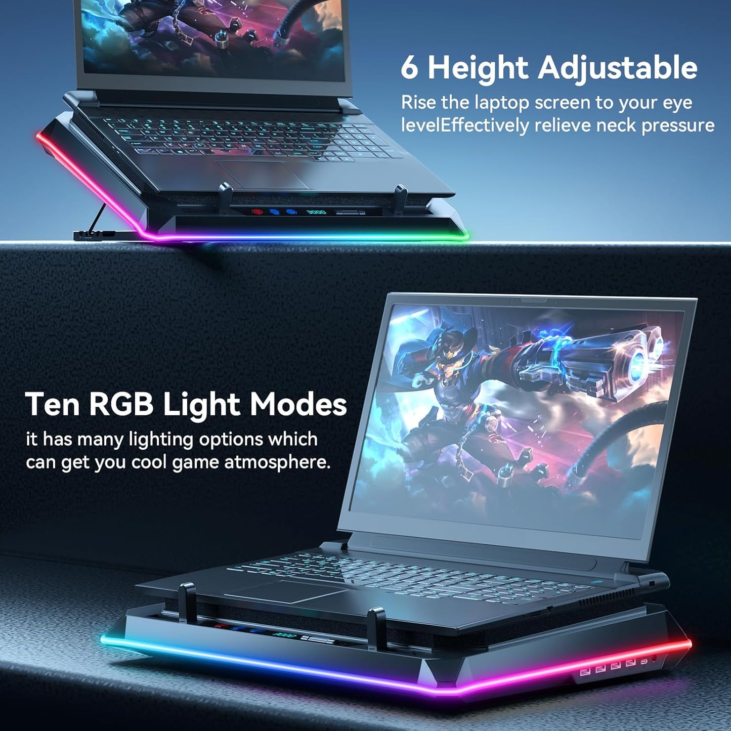 RGB Gaming Laptop Cooling Pad with Two Turbo Fan, Rapid Cooling for 15.6-19.3" Laptops, Variable Speed Control, 6 Adjustable Heights A5