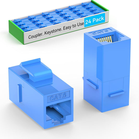 CAT6 RJ45 Keystone Coupler (24 Pack), Cat6 Keystone Jack Female to Female, Cat 6 Inline Keystone Jacks for Wall Plate & Patch Panel, RJ45 Ethernet Coupler Blue