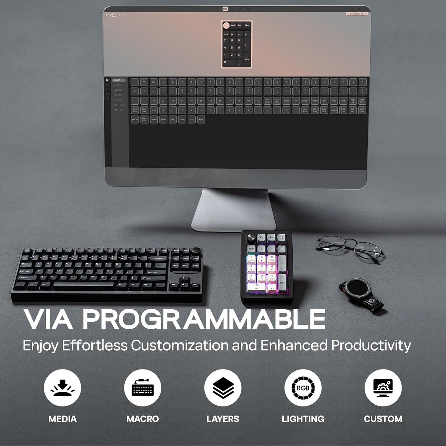 EPOMAKER EK21 VIA Gasket Number Pad with 1000mAh Battery, BT 5.0/2.4GHz/Wired Hot-Swap Numpad with Aluminum Alloy knob, Programmable for Win/Mac/Gaming (Black Silver, Wisteria V2 Switch)