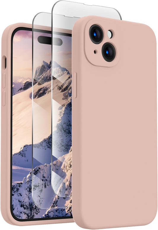 FireNova Designed for iPhone 15 Plus Case, Silicone [Camera Protection] Case with [2 Screen Protectors], Soft Anti-Scratch Microfiber Lining Inside, 6.7 inch, Pinksand