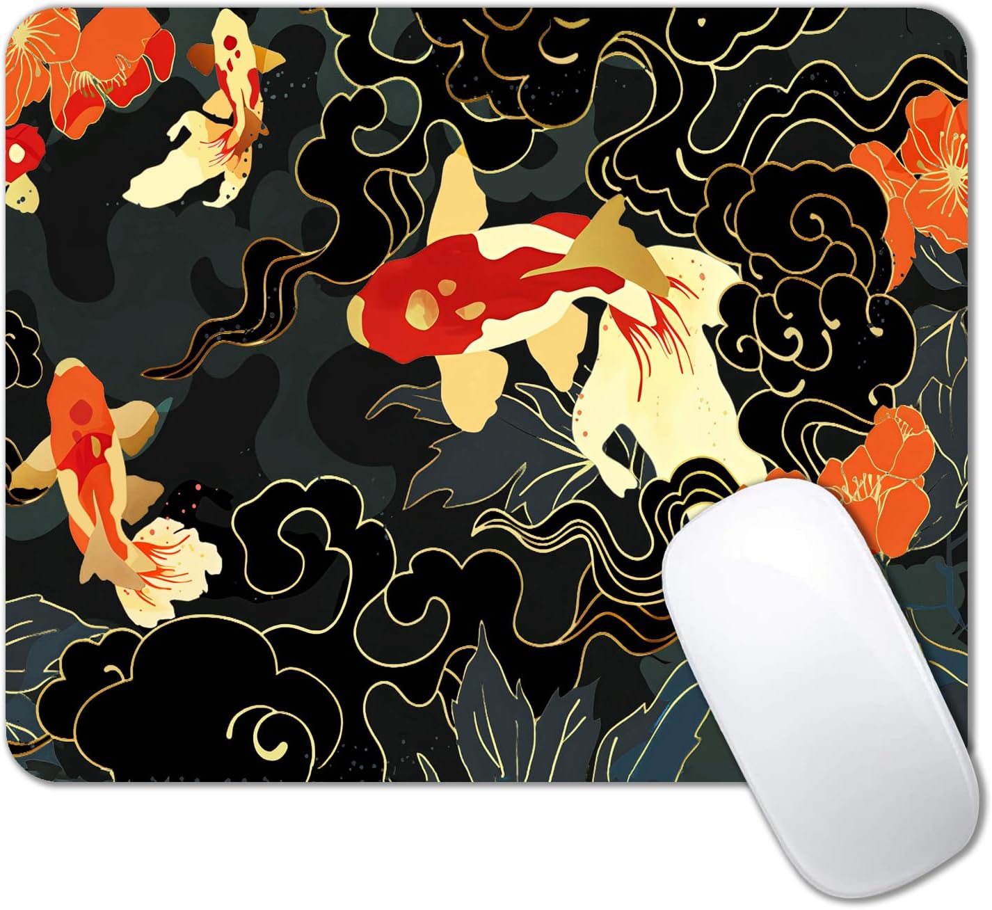 IMAYONDIA Japanese Koi Mouse Pad, Black Gold Gaming Mouse Pad, Anime Mousepad with Non-Slip Rubber Base, Computer Mouse Mat Office Accessories Decor Gift, 9.5 x 7.9 Inch
