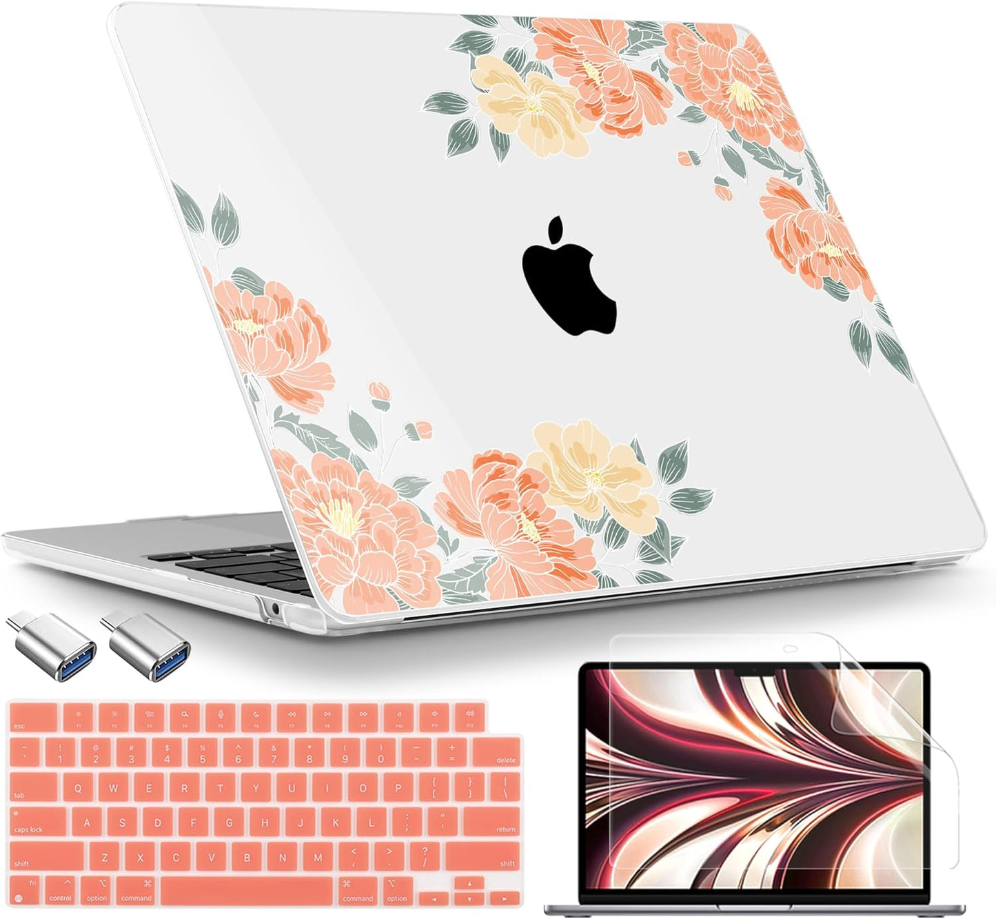 TWOLSKOO Compatible with M4 MacBook Air 13.6 inch Case 2025-2022 Release M4 A3240 M3 A3113 M2 A2681, Plastic Hard Shell & Keyboard Cover & Type C Adapter & Screen Protector, Vintage Roses