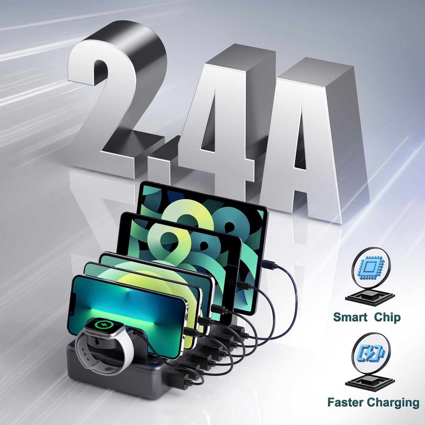 Charging Station for Multiple Devices, 6 in 1 Charger Station Multiple Charging Station for Cellphone Tablet iPhone iPad and More-50W Charging Dock with Mixed Charging Cables