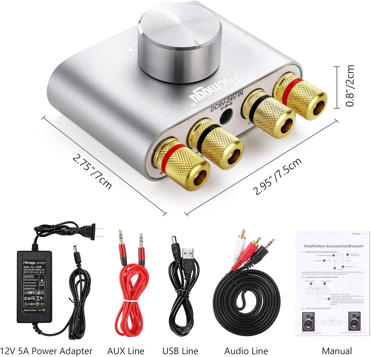 Facmogu F900S 160W Bluetooth 5.0 Mini Amplifier, 80Wx2 2.0CH Audio Power Amplifier, Hi-Fi Stereo Sound Digital Amp Wireless Speaker Amp Receiver w/AUX/USB/BT Input & 12V 5A Power Adapter - Silver