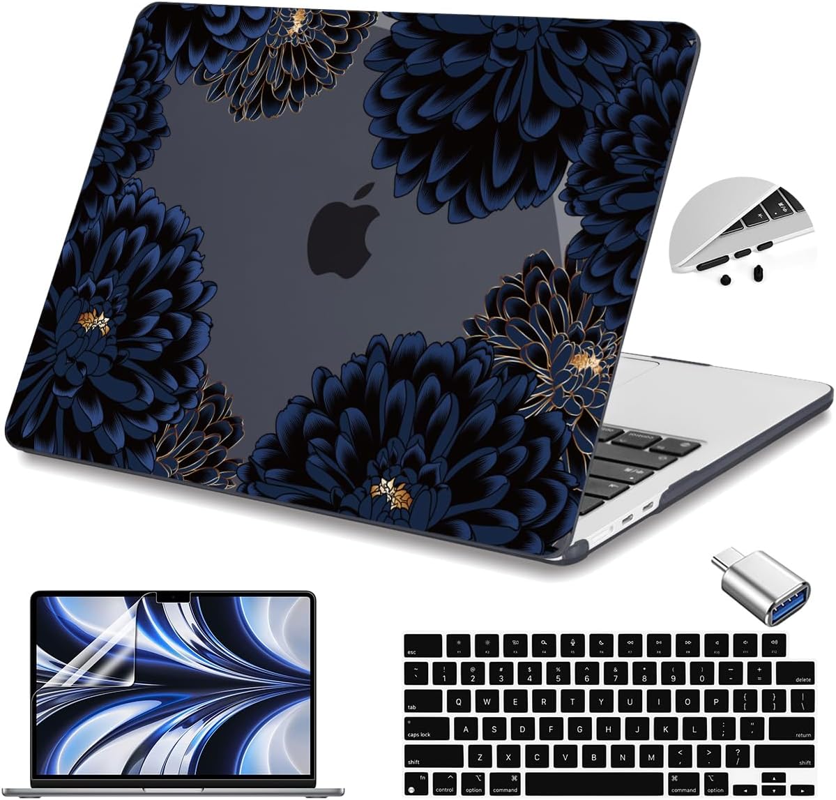 Teryeefi for MacBook Air 13.6 inch Case Release 2022 2023 2024 2025, Fits Model A2681 A3113, Design Pattern Slim Cover+Keyboard Cover+OTG Adapter for 13.6 inch MacBook Air M2 M3, Chrysanthemums