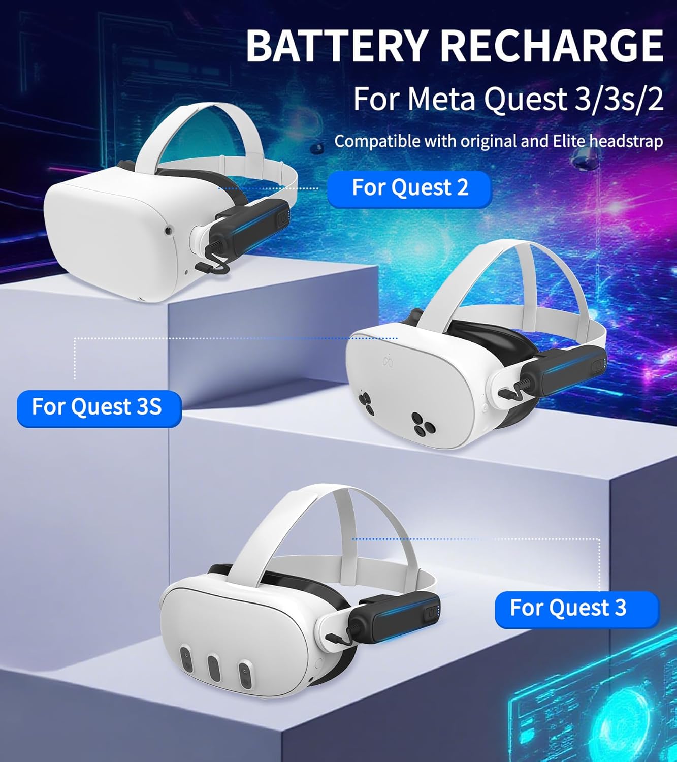 2-Pack 5000mAh Battery Pack for Meta/Oculus Quest 3S/3/2, 18W PD Fast VR Charger, Extended 4-8H Playtime, Dual Fast Charging, Clip-On Power Banks, Lightweight & Safe, Meta Quest 3S/3/2 Accessories