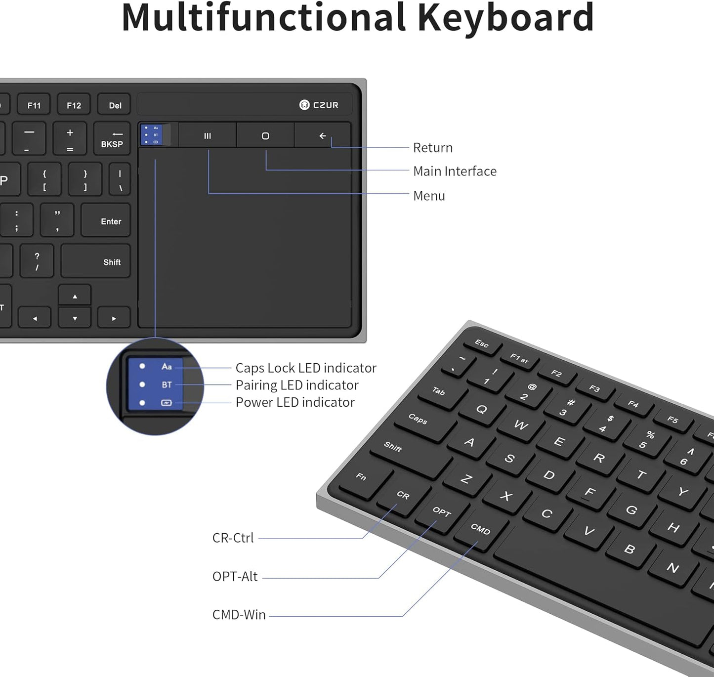 CZUR Rechargeable Bluetooth Keyboard with Touchpad, Portable Computer Keyboard with Trackpad, Wireless Ultra Slim Keyboard for PC/Laptop/Tablet/Phone, for Windows/Android