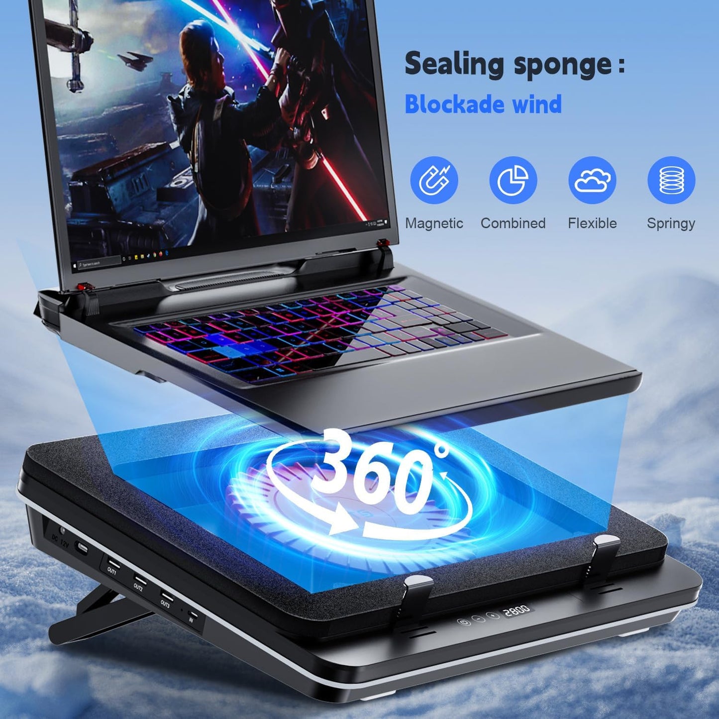 GT600 Laptop Cooling Pad Equipped with Gigantic Turbo-Fan（5.5inch Diameter）,Sealed Foam for Rapid Cooling Gaming Laptop,14.1-19.3 inch Laptop Cooler with 3-Port USB Hub,Dust Filter,Touch Start