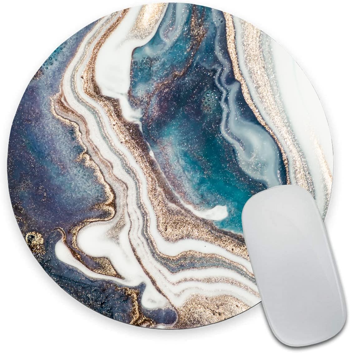 Blue Gold Marble Mouse Pad - Premium Textured Round Washable Mousepad with Lycra Cloth and Non-Slip Rubber Base for Wireless Mouse