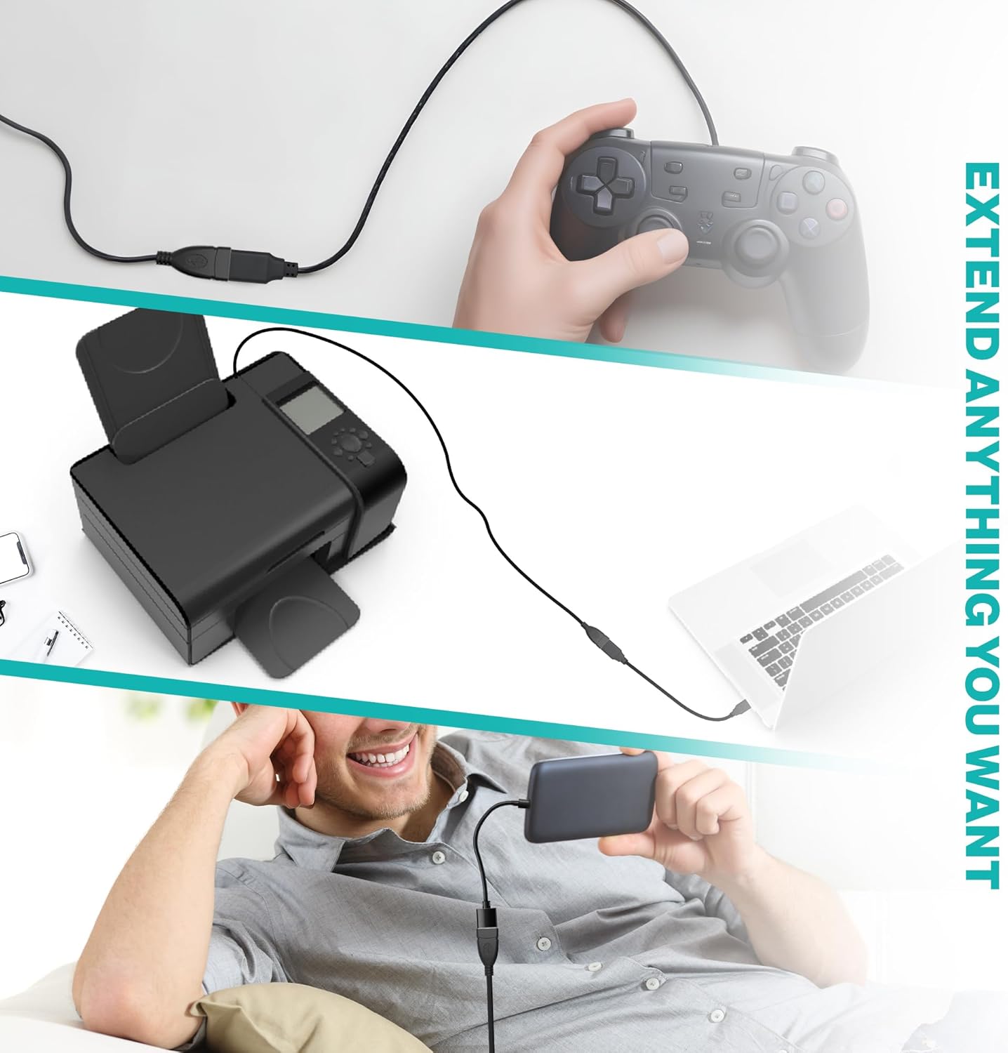 3FT Male to Female Extension Cable USB A Male to USB A Female Data Transfer and Charging Adapter for Keyboard, Mouse, Printer, USB Flash Drive for Multiple Devices, Black