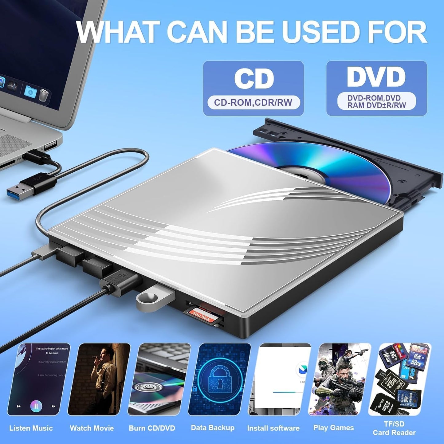 External CD/DVD Drive for Laptop, Ultra Slim CD Burner USB 3.0 Hub with 4 USB Ports, 2 TF/SD Card Slots,1 Type-C Port,DVD Player for Laptop Compatible with mac OS/Windows/Linux (Silver)