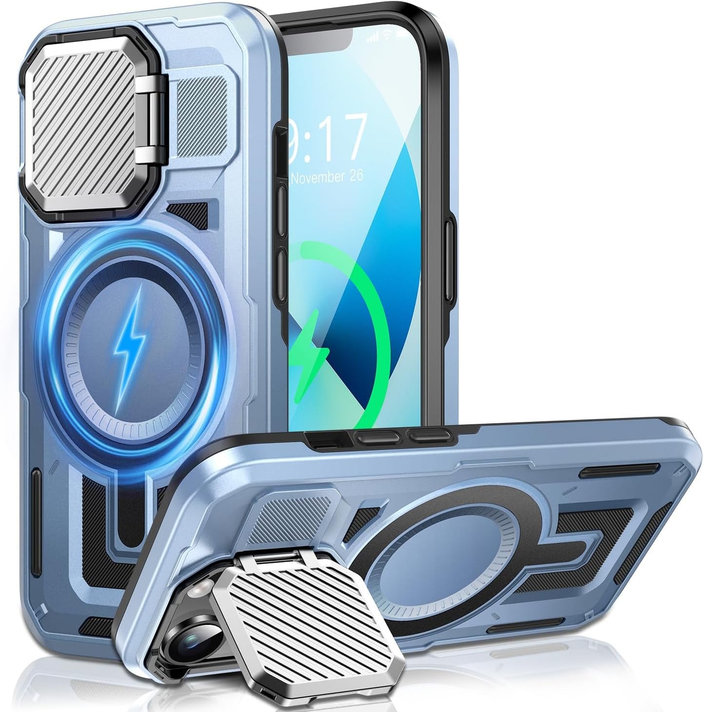 Camera Stand Case for iPhone 14 Plus, [Compatible with Mag Safe] [Lens Cover] 2024 Version Military Grade Protective Soft Case for iPhone 14 Plus 6.7 inch Men Women,Blue