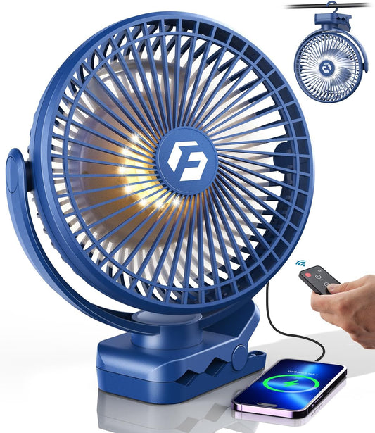 8-inch Clip-on Fan - 12000mAh Portable Rechargeable Battery, 3 Speeds, Strong Airflow, USB, Small Desk, Personal Quiet for Office, Stroller, Bedroom and Camping