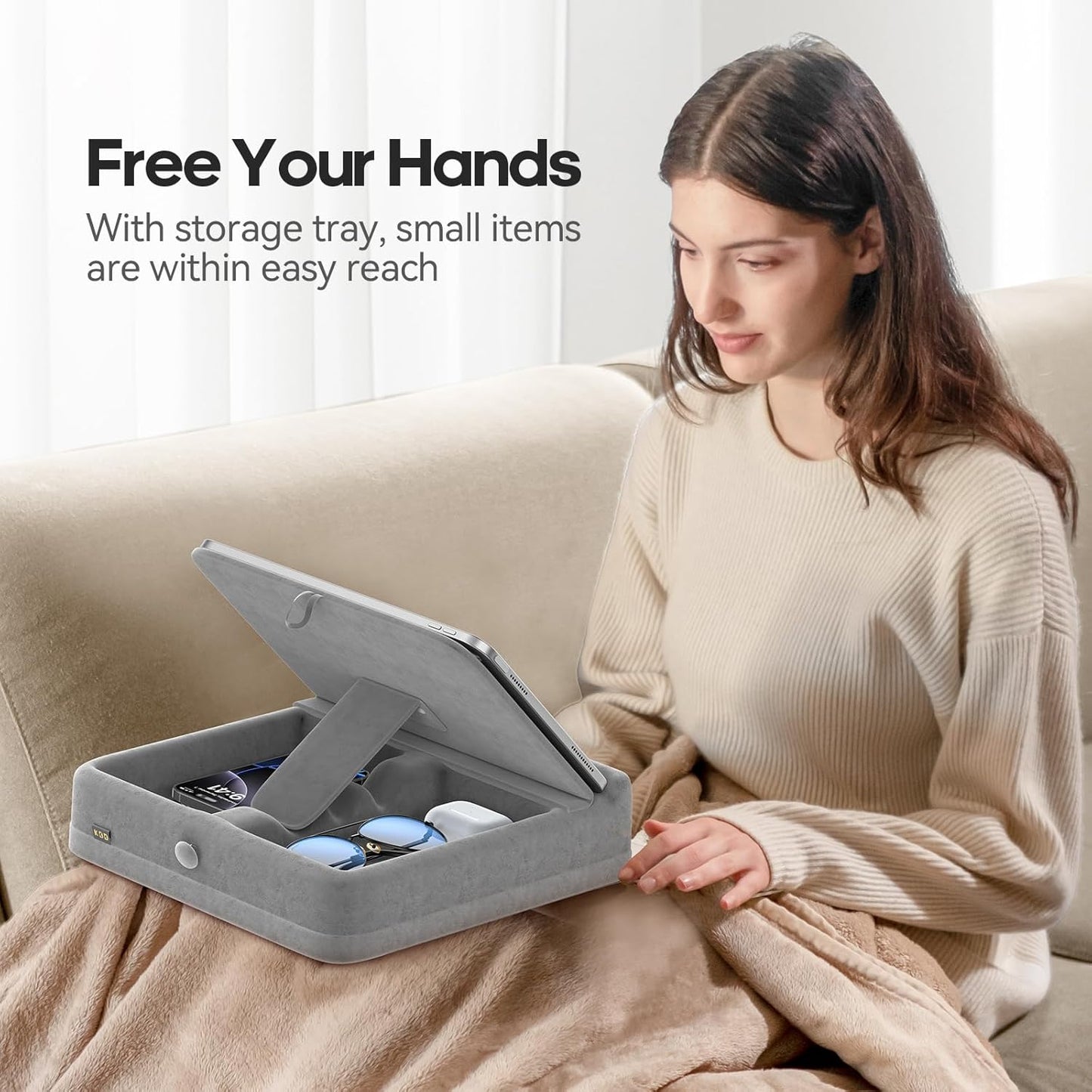 KDD Tablet Pillow Stand with Storage, Foldable Ipad Holder for Bed, Lap and Desk, Angle Adjustable Soft Pad Dock with Stylus Mount Compatible with Ipad Pro 12.9, 10.5, 11, Air, Mini, Phones, Books