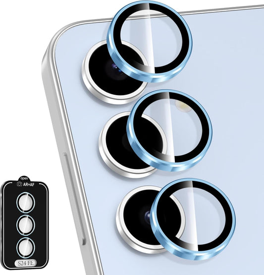 for Samsung Galaxy S24 FE Camera Lens Protector, Individual Metal Ring Tempered Glass Lens Cover, [Strong Adsorption] Scratch Resistant Ultra-Thin HD Clear Lens Cover, 1 Set-Blue Ring
