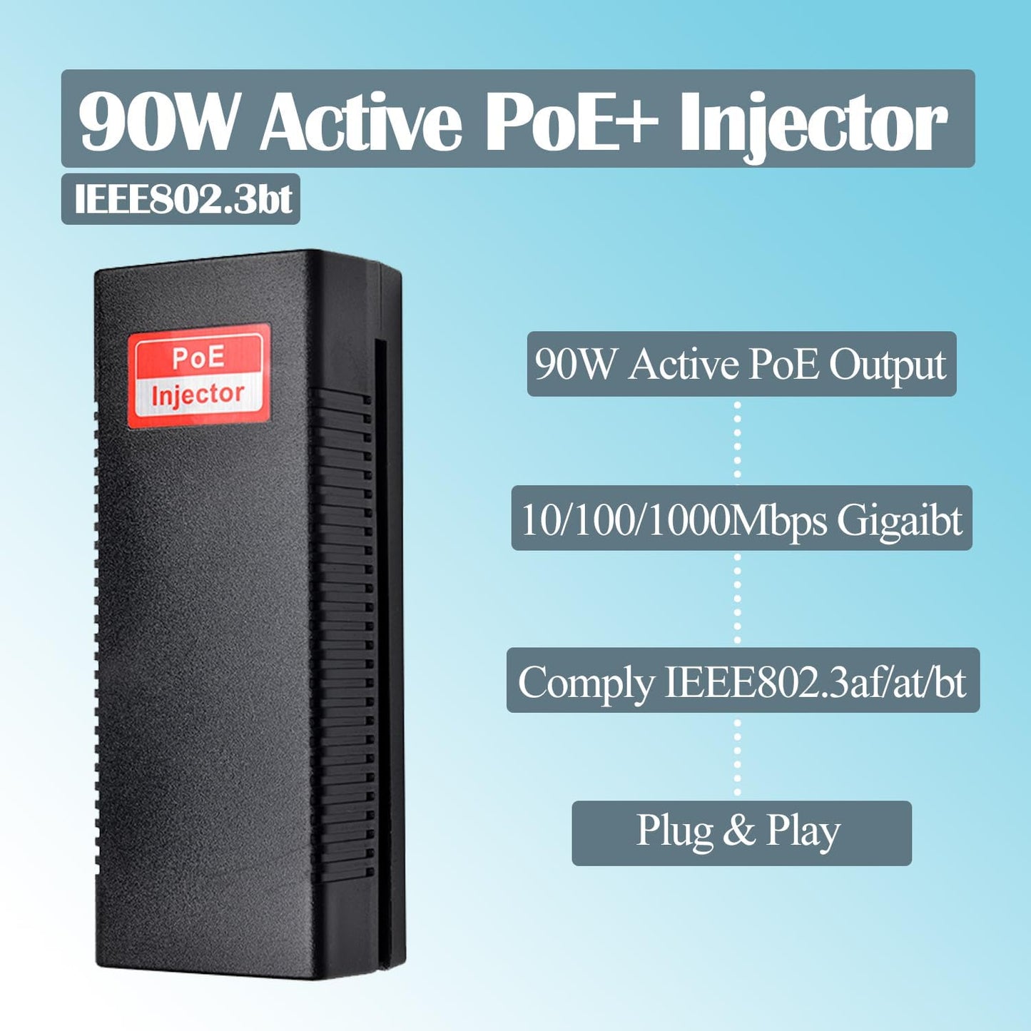 Revotech Gigabit 90W PoE++ Injector 54-56V Adapter, 10/100/1000Base-T IEEE 802.3bt PoE Standard Active POE+, Plug and Play for Wireless Access Points/PTZ/Videophones