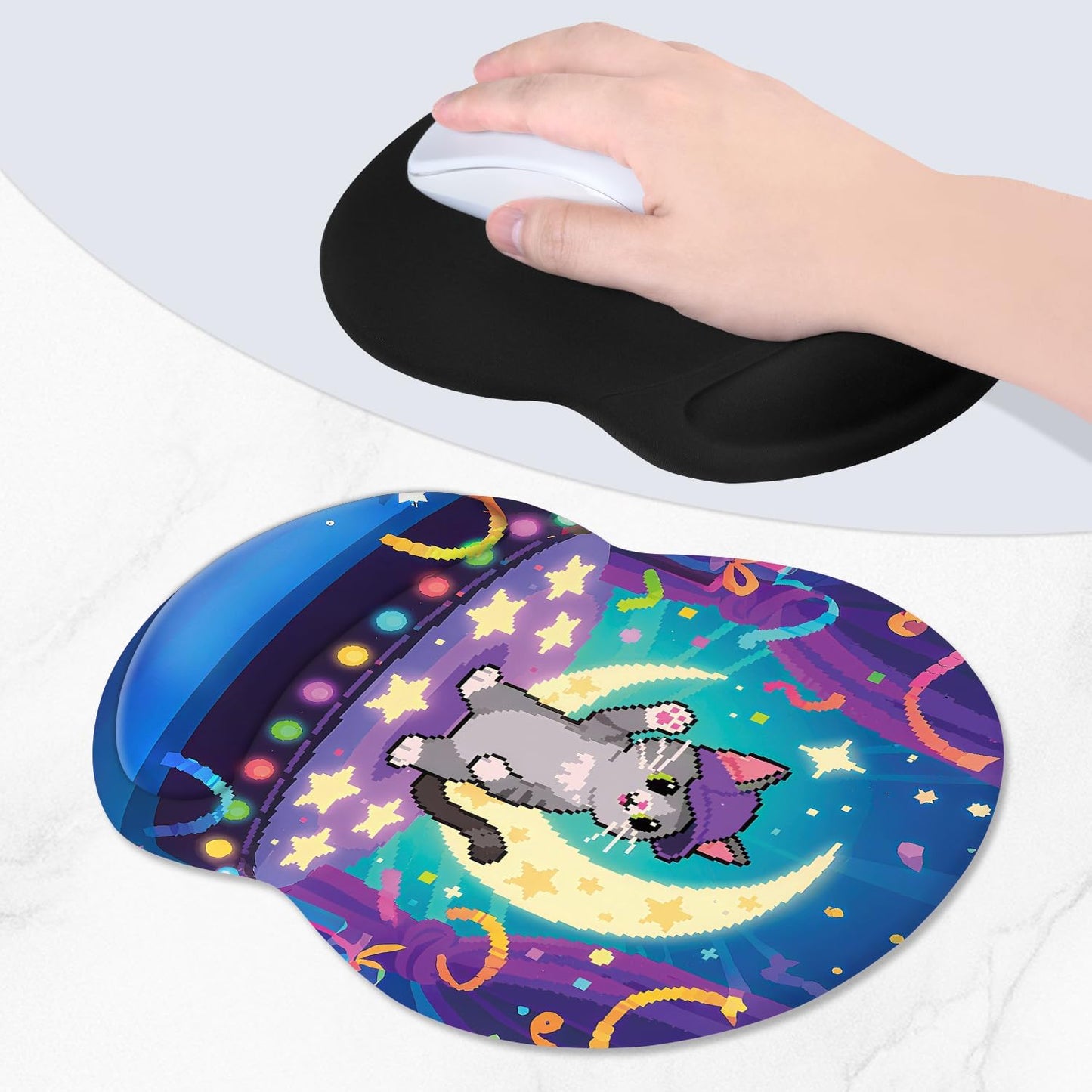 ITNRSIIET Ergonomic Mouse Pad with Comfort Gel Wrist Rest, Non-Slip PU Base, Smooth Textured Surface, Reduces Hand Fatigue & Wrist Pain, 8.7 x 7.2 Inch for Office Gaming Home, PixelPartyCat