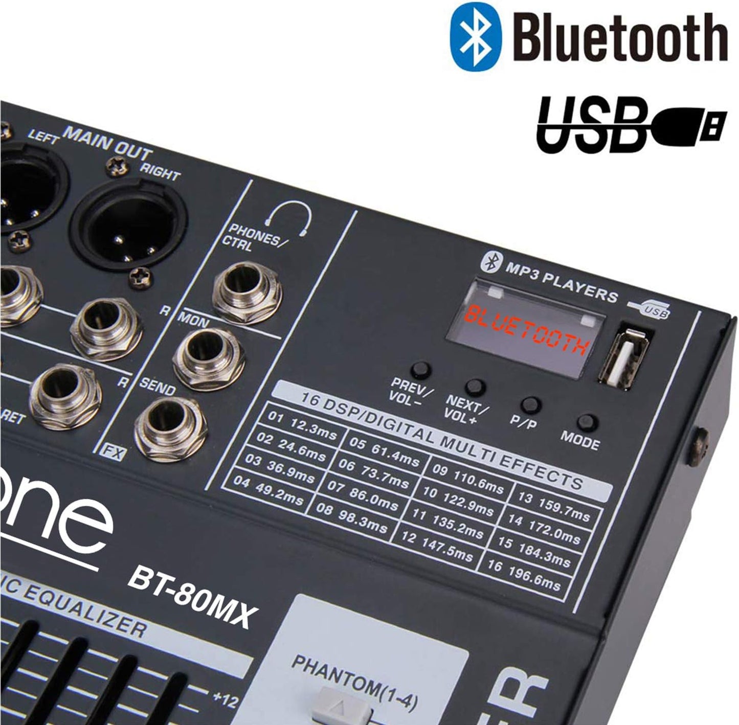 Boytone Dj Mixers 8 Channel Audio Mixer Sound Board with Bluetooth, USB MP3 Port Player with 48V Phantom Power Sounds Mixer with 16 Bit FX Effect, BT-80MX