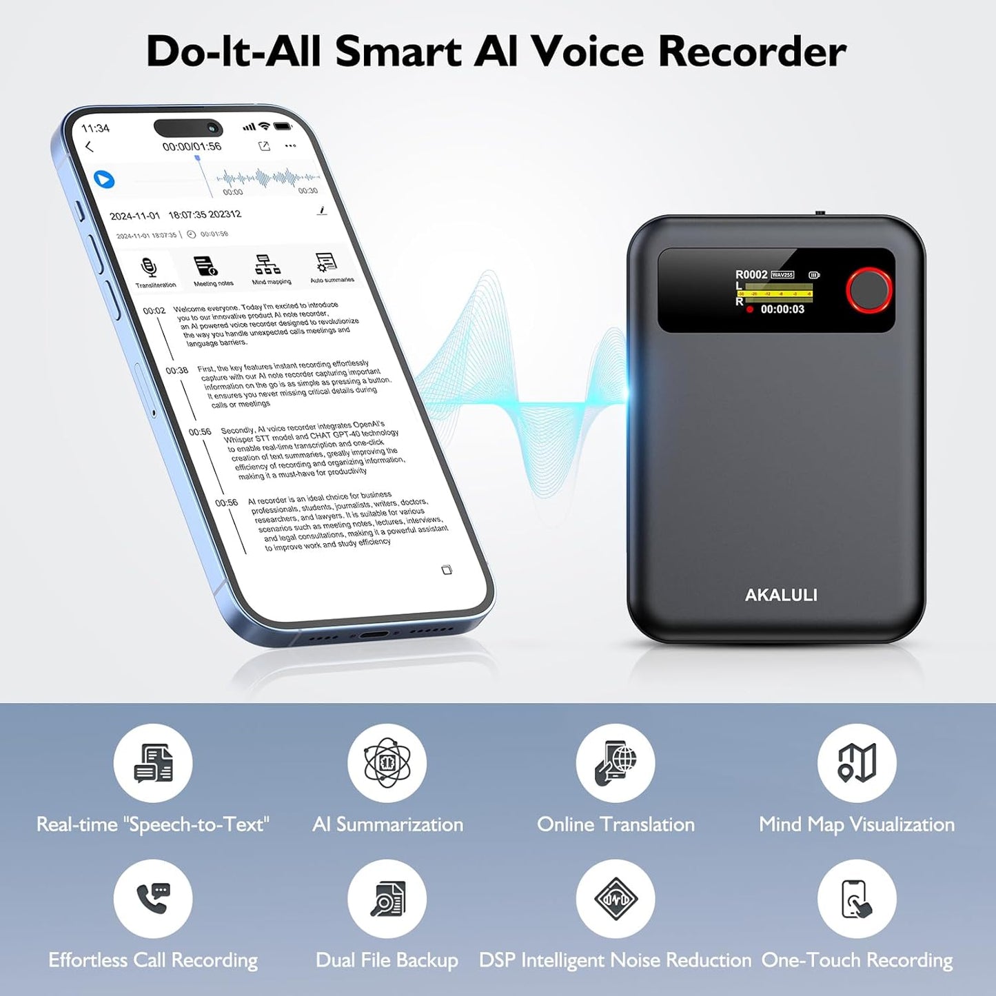 AI Voice Recorder with Transcribe Summarize: Note Voice Recorder with APP Control, 30H Continuous Recording, 64GB Memory Support 100+ Languages, AI Recorder for Calls, Lectures, Meetings